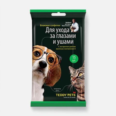 Изображение товара Влажные салфетки для кошек и собак Teddy Pets, для ухода за глазами и ушами, 15 шт.