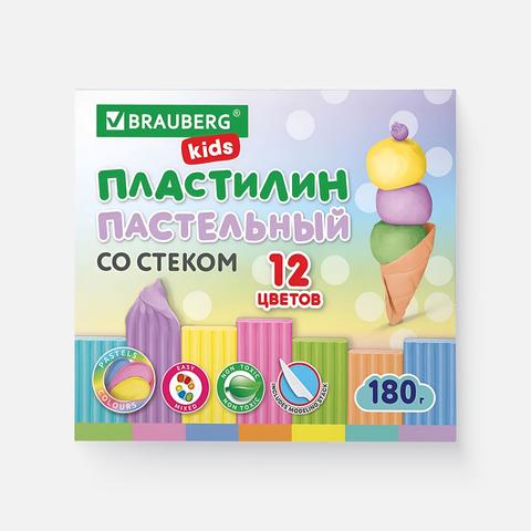 Изображение товара Пластилин Brauberg Kids, 12 пастельных цветов, с 1 стеком, 180 г