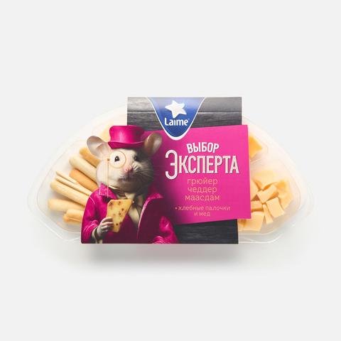 Изображение товара Сырная тарелка Laime, Выбор эксперта, грюйер, чеддер и маасдам, с хлебными палочками и мёдом, 110 г