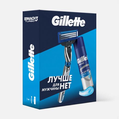 Изображение товара Набор подарочный Gillette Mach3 Turbo бритва, кассета, увлажняющий гель для бритья, 1 шт.