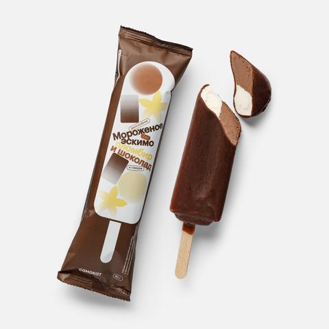 Изображение товара Двухслойный эскимо пломбир Самокат в глазури 80 г с белым и шоколадным вкусом