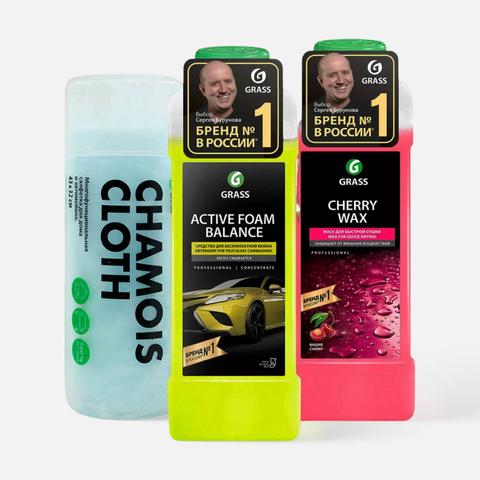 Изображение товара Набор автохимии Grass, автошампунь Active Foam Balance 1л, воск Cherry Wax 1л, салфетка