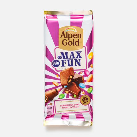 Изображение товара Молочный шоколад Alpen Gold Max Fun, с арахисом, шоколадным драже и взрывной карамелью, 140 г