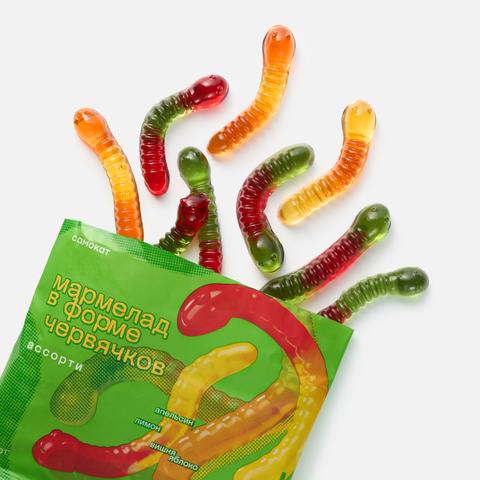 Изображение товара Жевательный мармелад Самокат, в форме червячков, яблоко, вишня, лимон и апельсин, 100 г