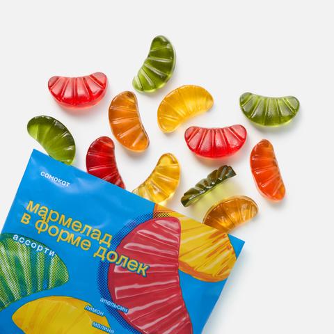Изображение товара Жевательный мармелад Самокат, в форме долек, яблоко, малина, лимон и апельсин, 100 г