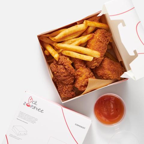 Изображение товара Крылья, острые, с картофелем фри и кисло-сладким соусом, 385 г