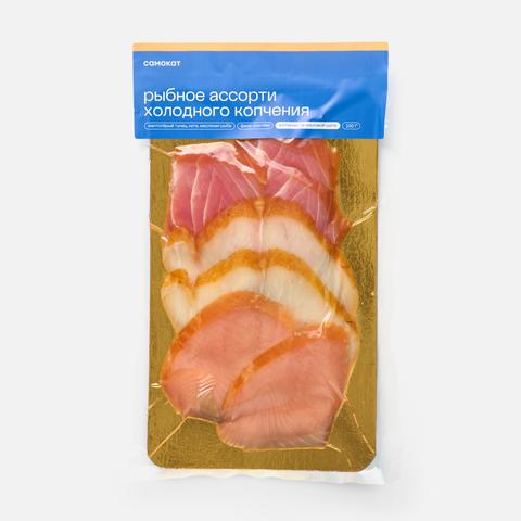 Изображение товара Рыбное ассорти Самокат, желтопёрый тунец, кета, масляная рыба, холодного копчения, 150 г